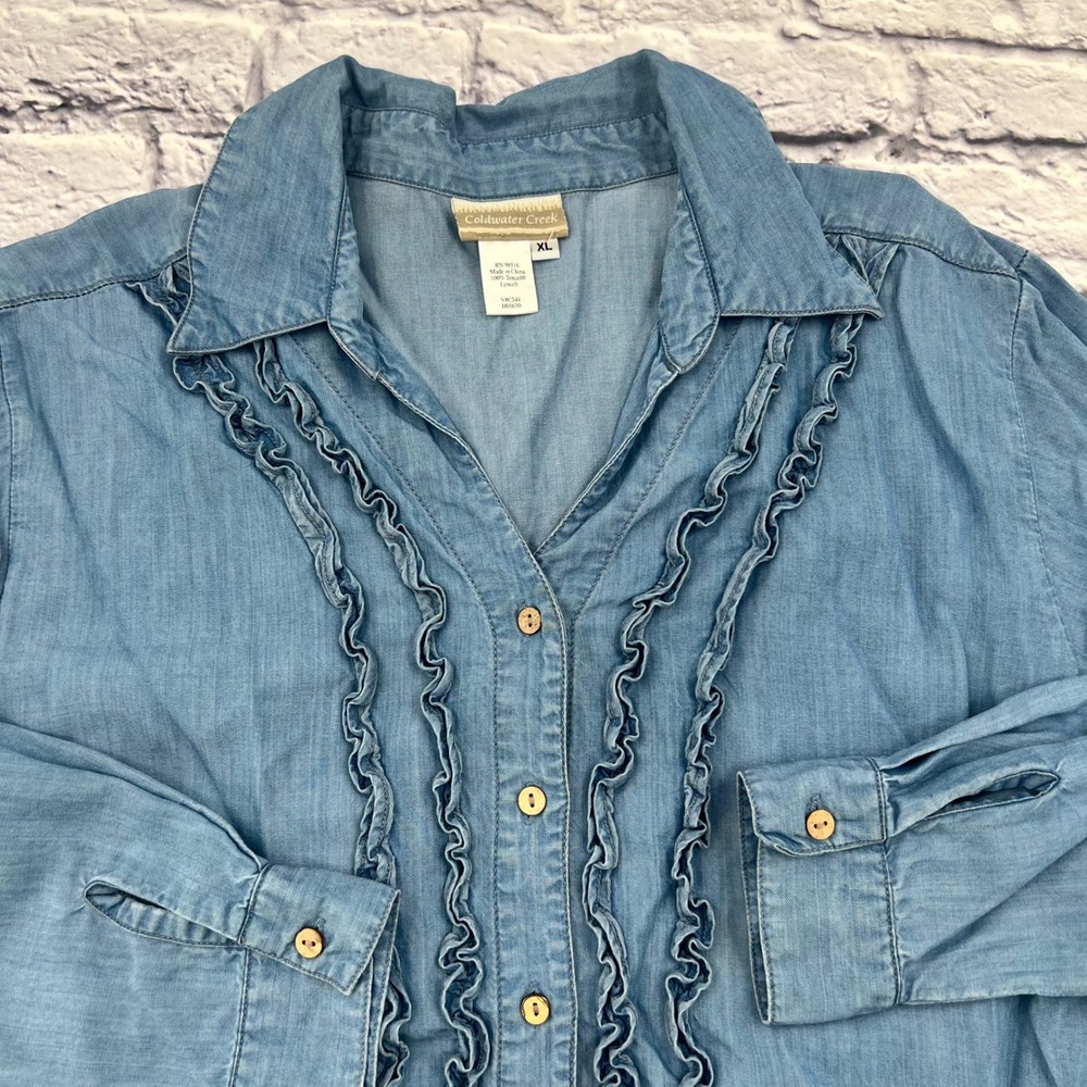 Coldwater Creek Womens XL Blue Chambray Ruffle Button Up Shirt Tencel Lyocell - Picture 5 of 9